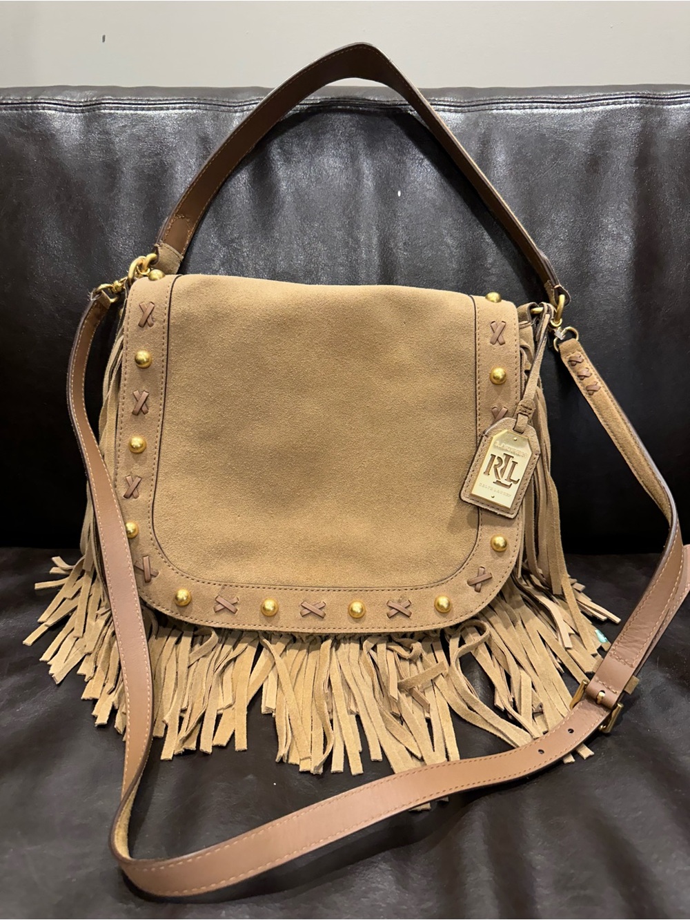 RARE & HTF Lauren Ralph Lauren Suede Fringe Saddle Bag